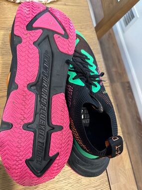 John Fluevog Black Athletic Sneakers with Pink Outsole & Green Accents